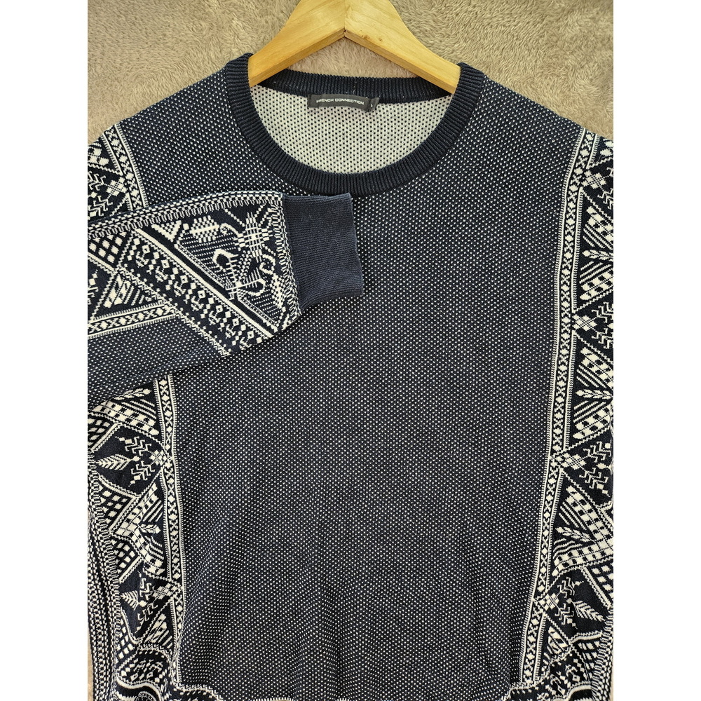 French Connection Knit Sweater Crewneck Geometric Fair Isle Patterned Borders